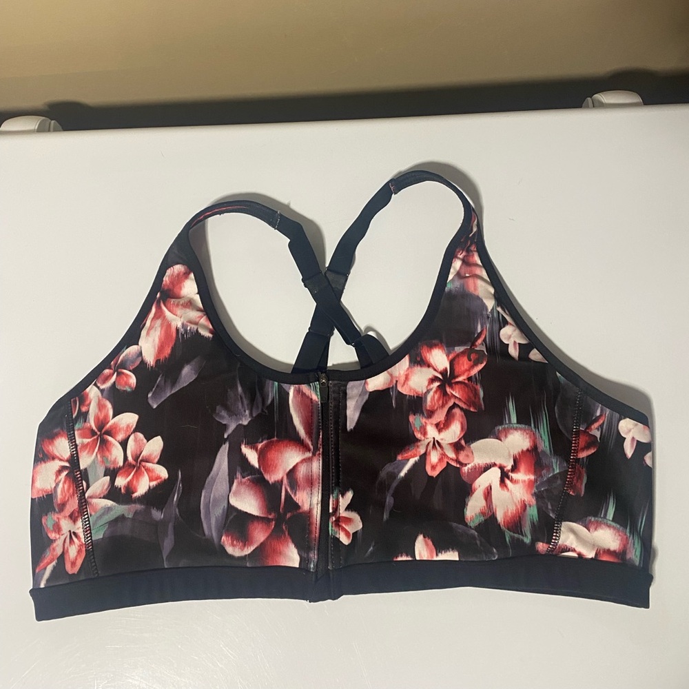 Floral Pattern Athletic Sports Bra Front Zipper